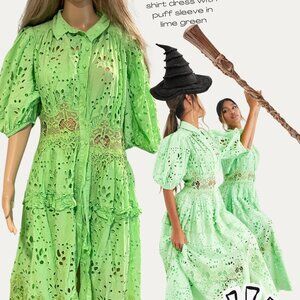 ASOS EDITION waisted broderie midi shirt dress with puff sleeve in lime green